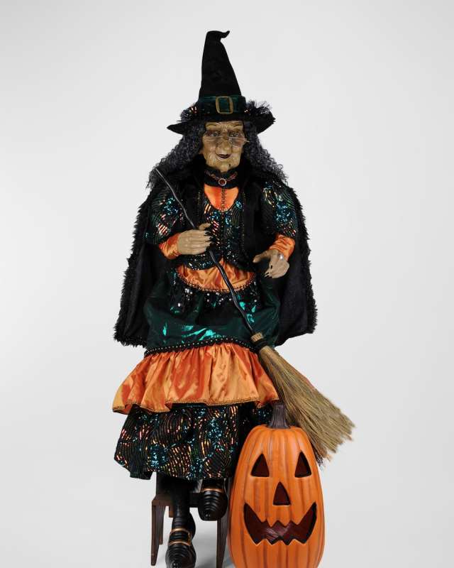 6' Sitting Witch with Lighted Pumpkin Halloween Decor