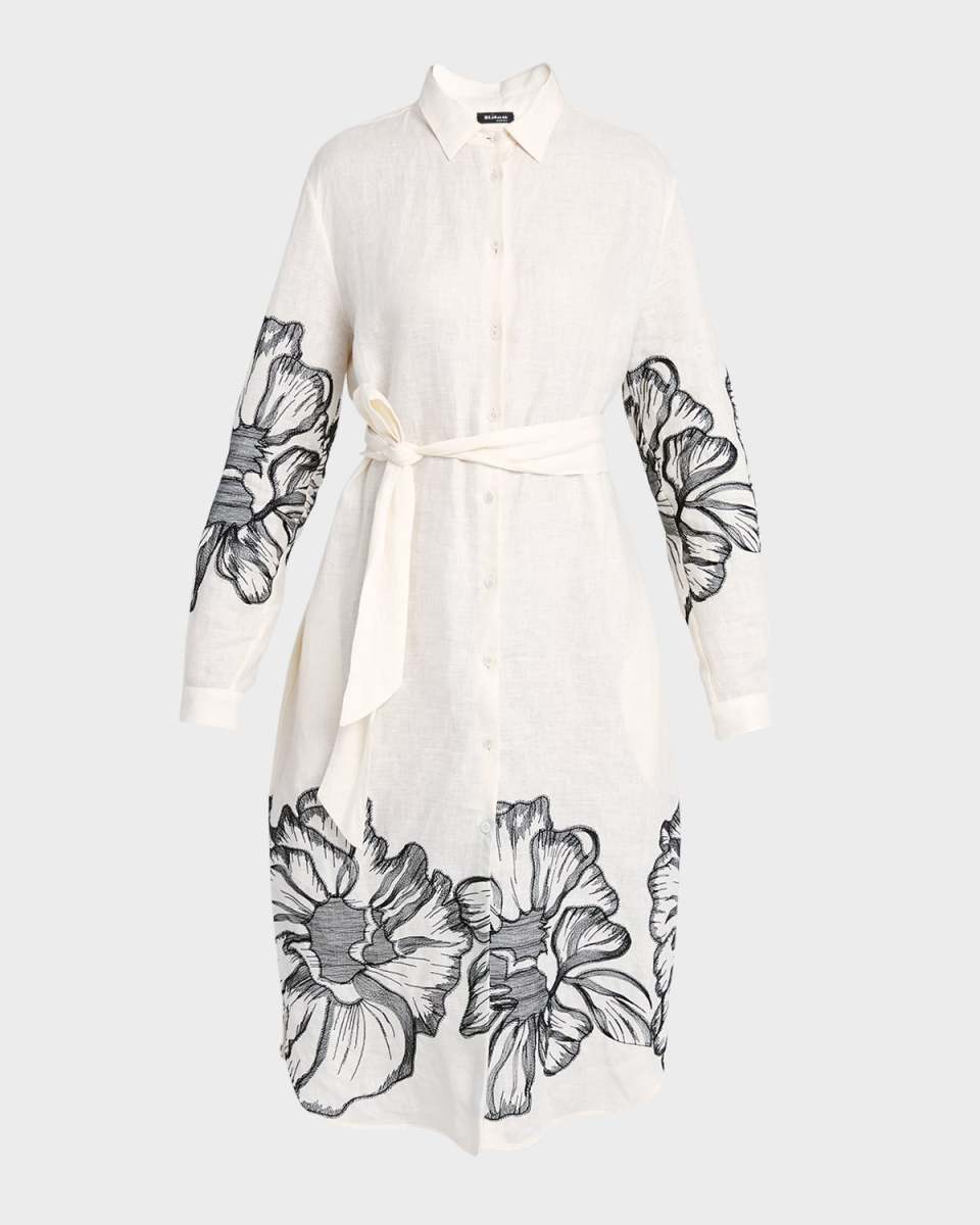 Floral Embroidered Linen Belted Shirtdress