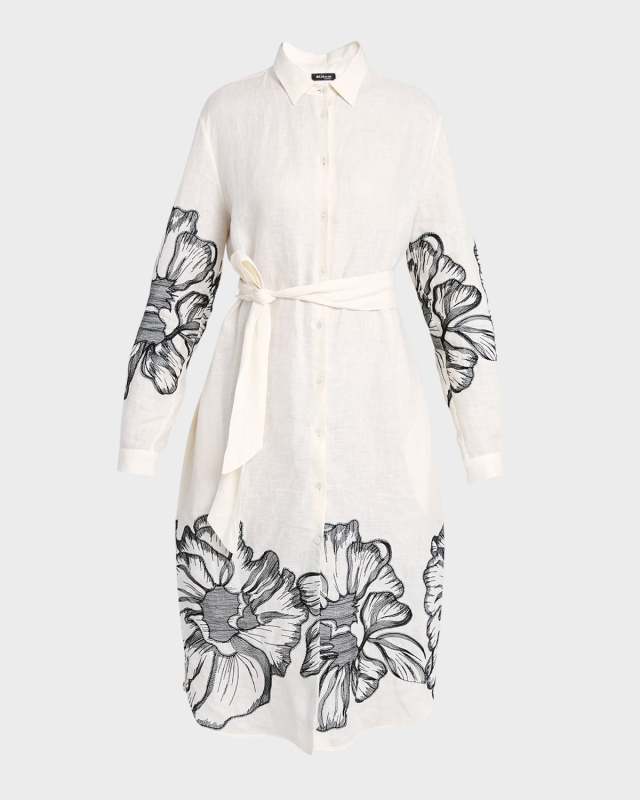Floral Embroidered Linen Belted Shirtdress
