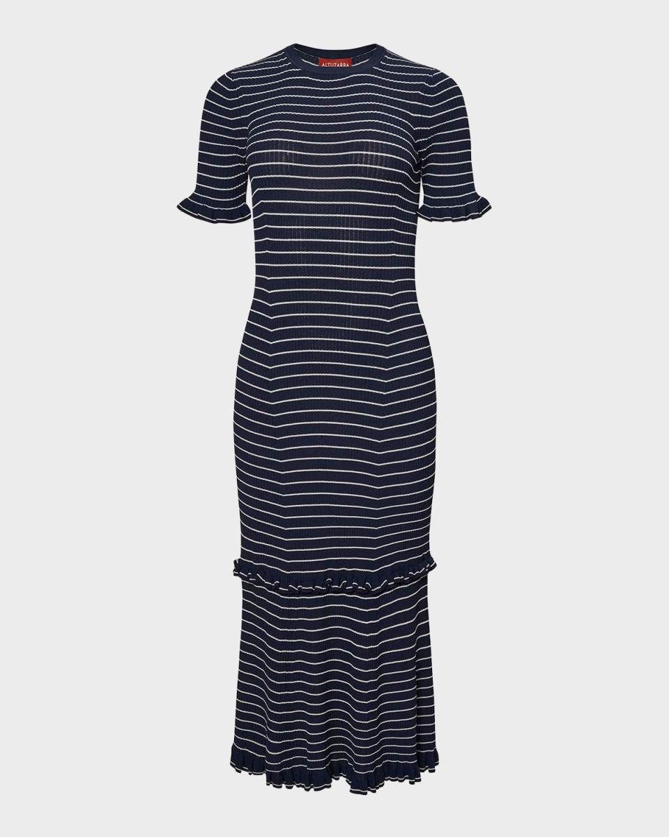 Delpini Stripe Ruffle Trim Midi Dress