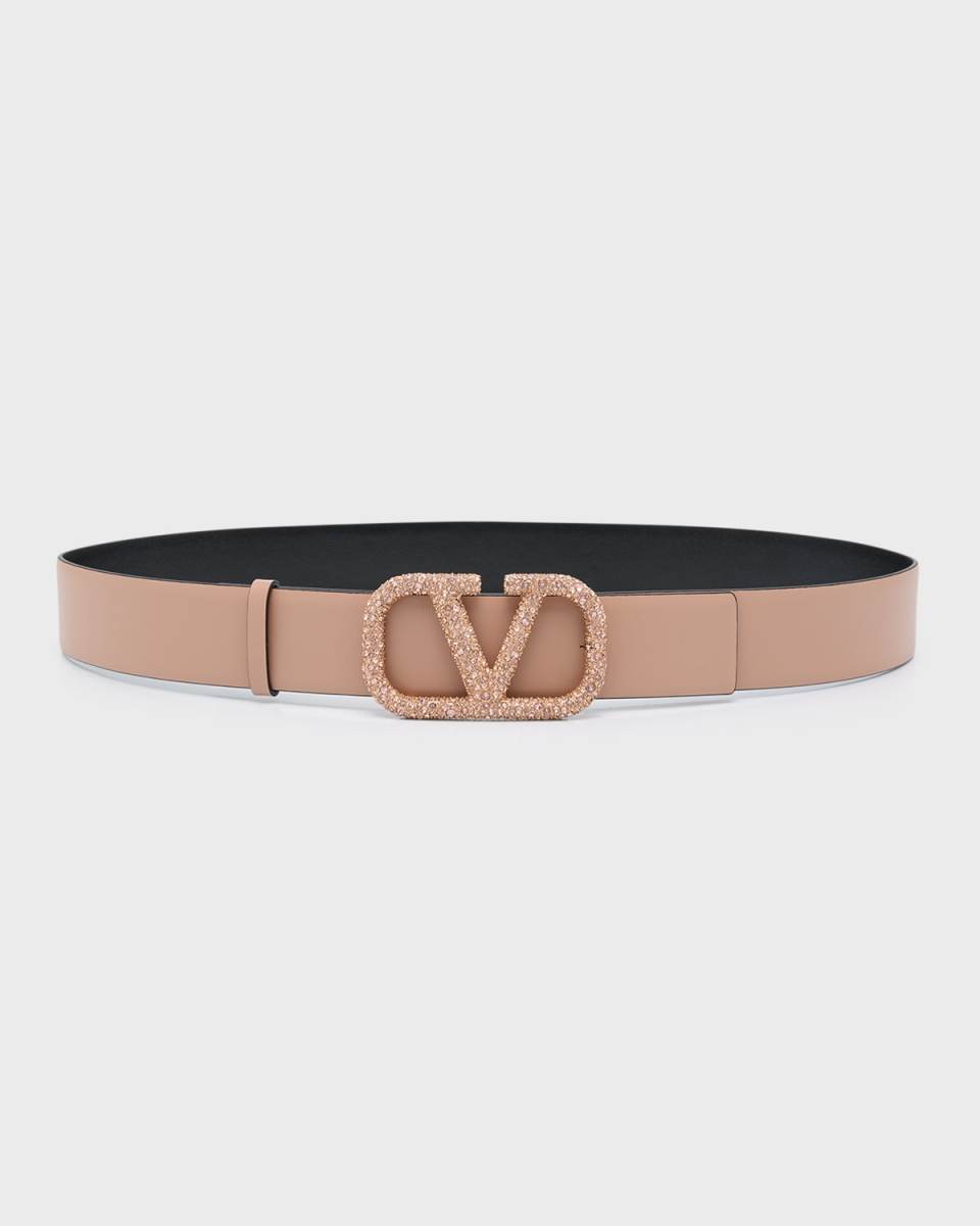 Reversible Embellished V-Logo Leather Belt