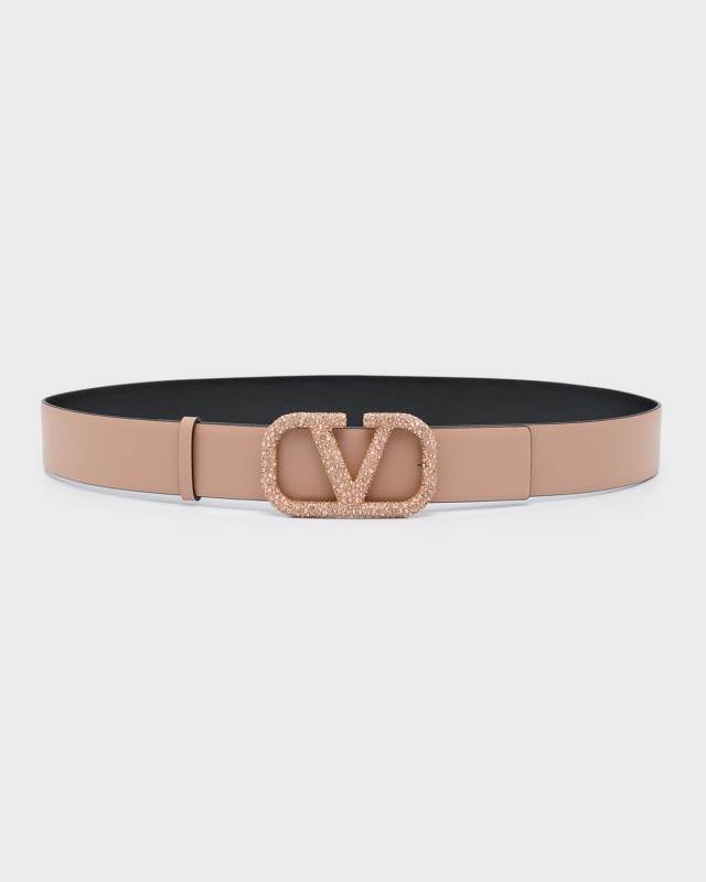 Reversible Embellished V-Logo Leather Belt