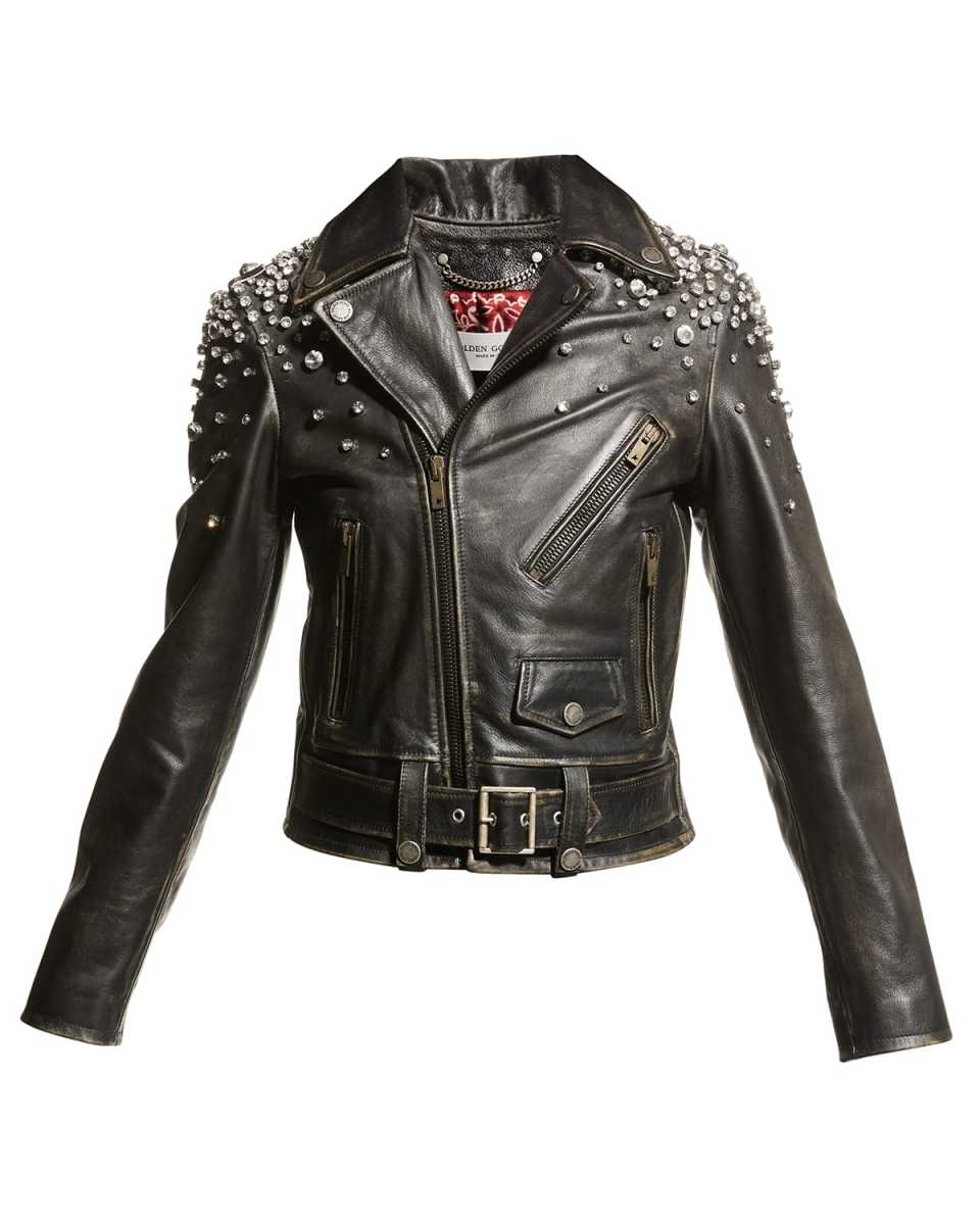 Golden Distressed Leather Jacket with Crystals