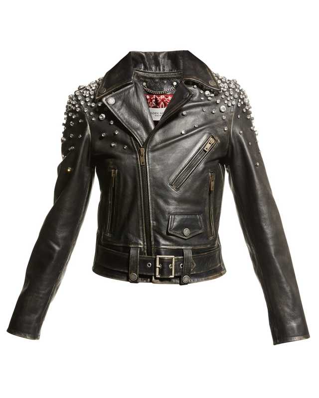 Golden Distressed Leather Jacket with Crystals