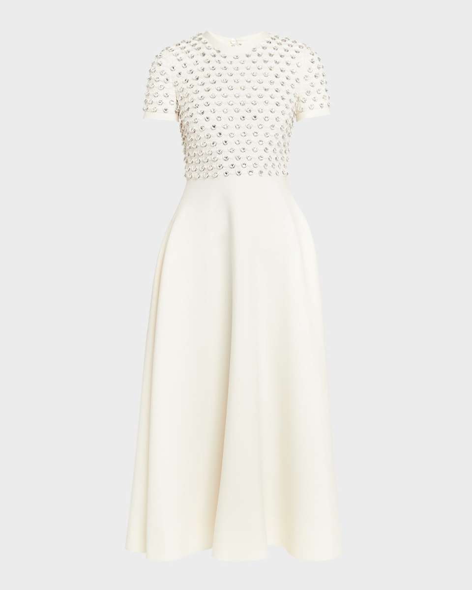 Crystal Scalloped Sequin Embroidered Short-Sleeve Crepe Midi Couture Dress
