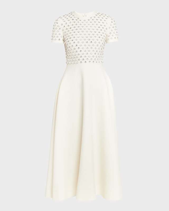 Crystal Scalloped Sequin Embroidered Short-Sleeve Crepe Midi Couture Dress