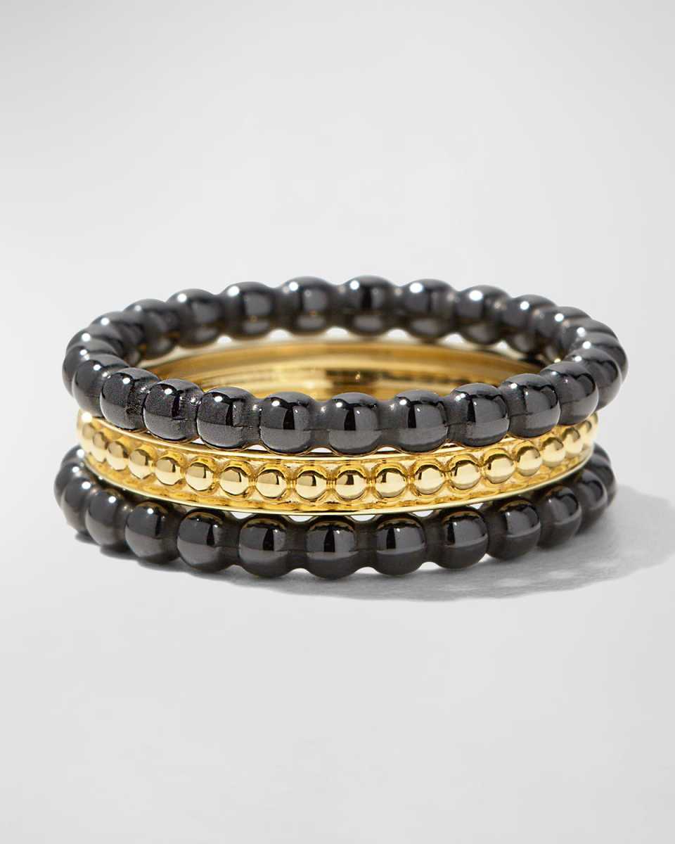 18k Gold & Black Caviar Rings, Set of 3, Size 7