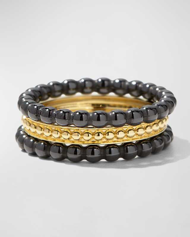 18k Gold & Black Caviar Rings, Set of 3, Size 7