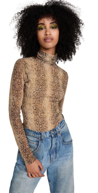 GANNI Printed Mesh Long Sleeve Fitted Rollneck Top Snake Starfish