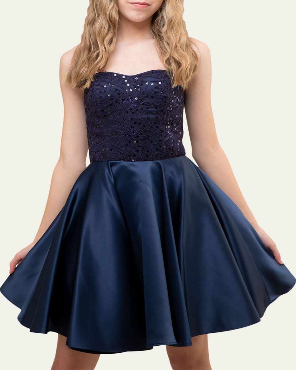 Girl's Strapless Sequin & Satin Party Dress, Size 14-12