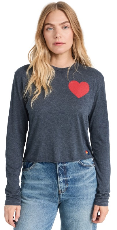 Aviator Nation Heart Print Longleeve Boyfriend Tee Charcoal