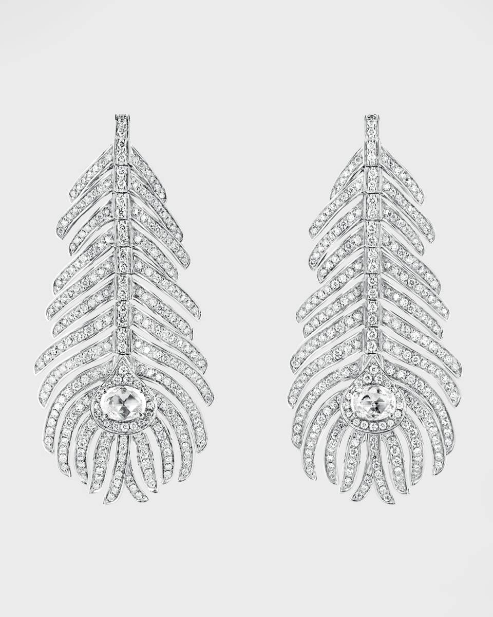 Plume de Paon 18K White Gold Diamond Feather Earrings