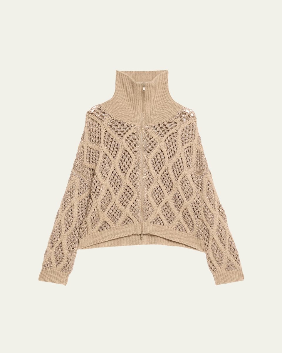 Opera Cashmere Cable and Net Zip-Up Cardigan with Paillette Details