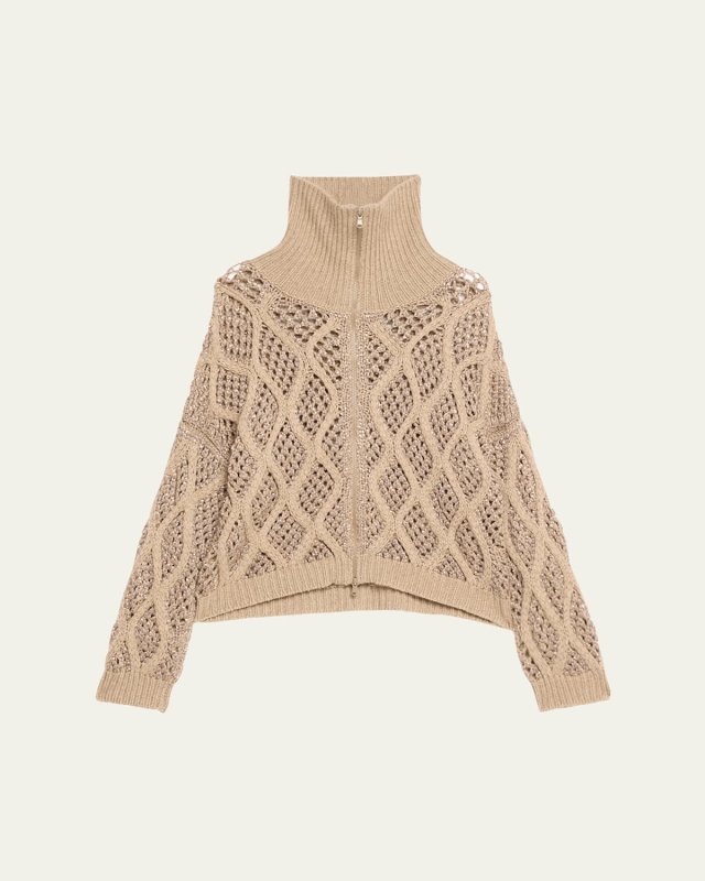 Opera Cashmere Cable and Net Zip-Up Cardigan with Paillette Details