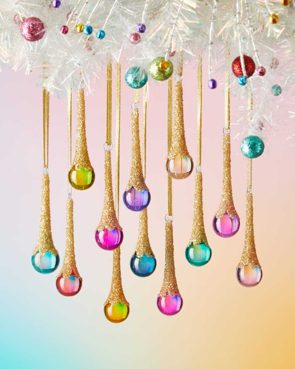 4.25" Rainbow Glittered Drop Ornaments, Set of 12