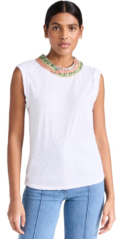 Cinq à Sept Chunky Rhinestone Bella Tee White/Coralulti