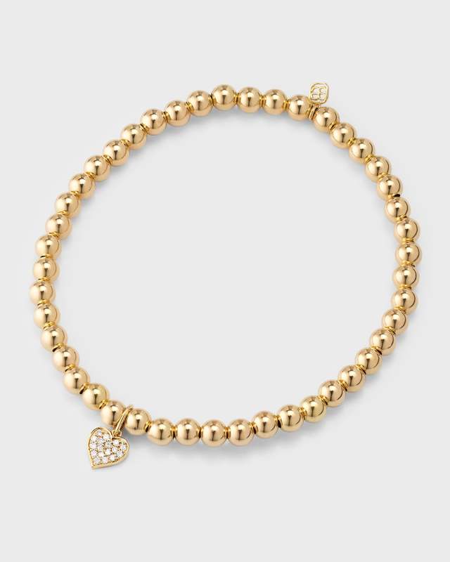 14K Yellow Gold Pave Playing Card Diamond Heart Charm Bead Bracelet