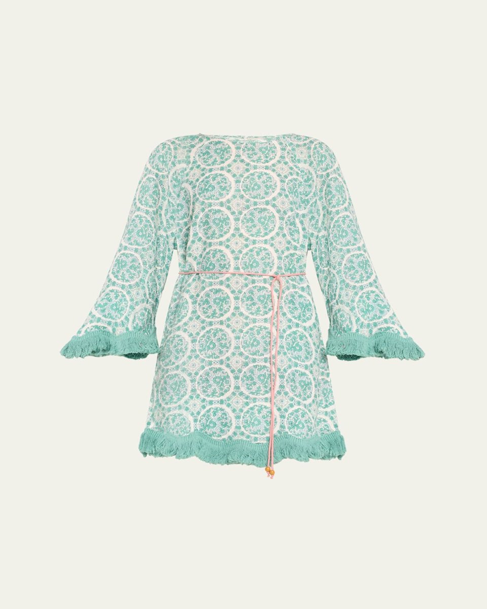 Sienna Fringed Block-Print Linen Mini Dress