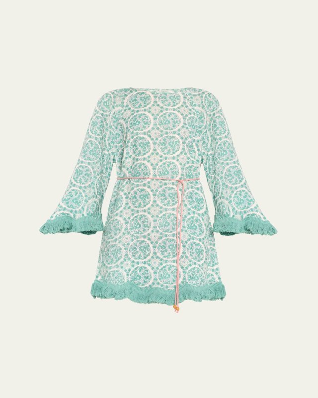 Sienna Fringed Block-Print Linen Mini Dress