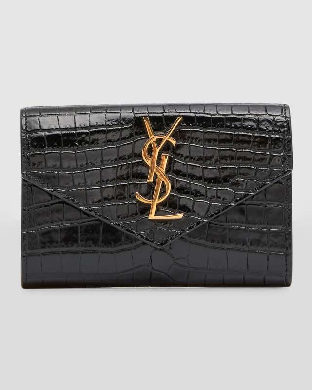 YSL Monogram Small Wallet on Chain in Croc-Embossed Leather