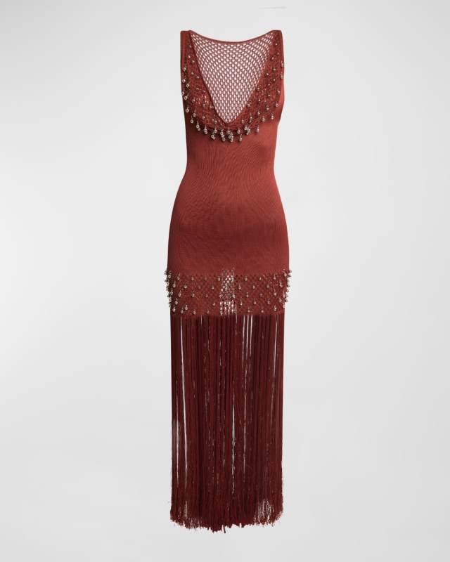 Plunging Beaded Crochet-Knit Fringe Maxi Dress