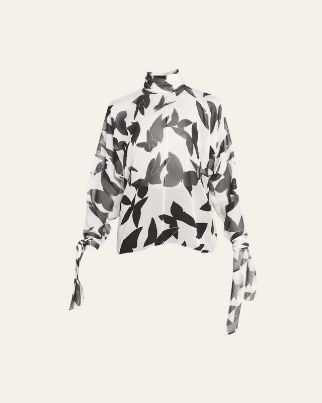 Butterfly Print Silk Blouse with Tie Cuffs