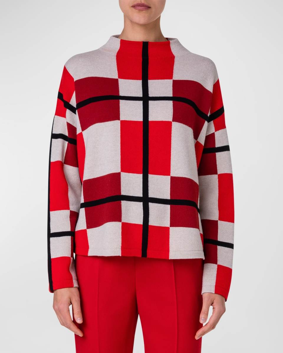 XL Cube Check Funnel-Neck Wool-Cashmere Sweater