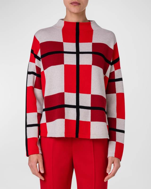 XL Cube Check Funnel-Neck Wool-Cashmere Sweater