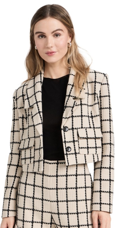 English Factory Plaid Cropped Blazer Beige/Black