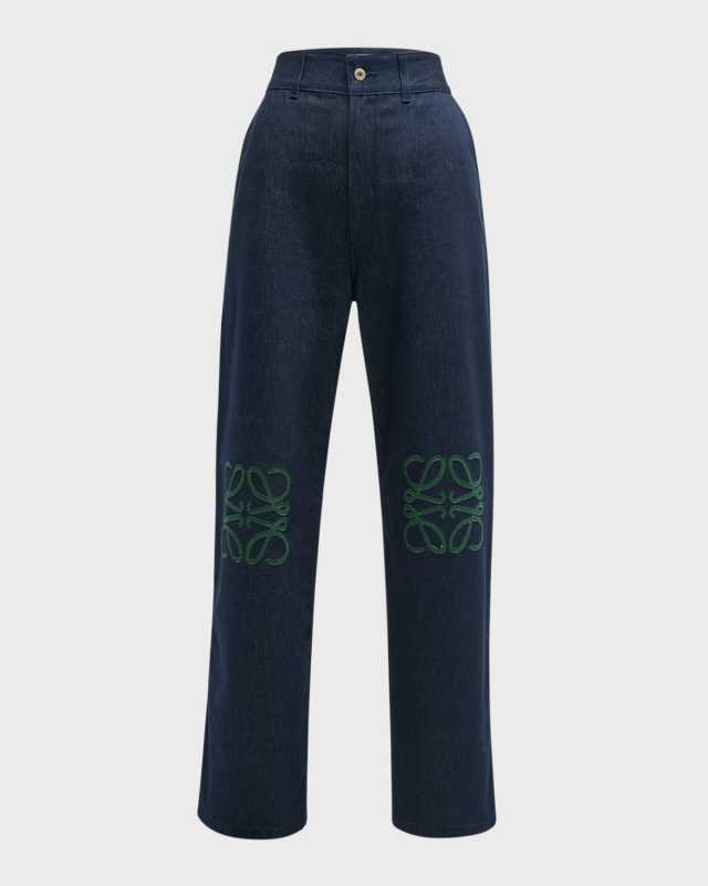 High-Rise Anagram-Knee Baggy Straight-Leg Jeans