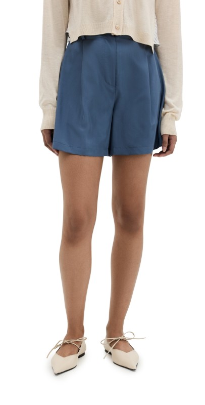 RECTO Washed Habutai Silk Tucked Detail Shorts Smoke Blue