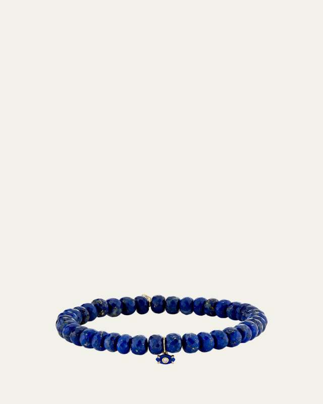 14K Yellow Gold Tiny Carved Lapis Evil Eye Charm on Lapis Rondelle Bracelet