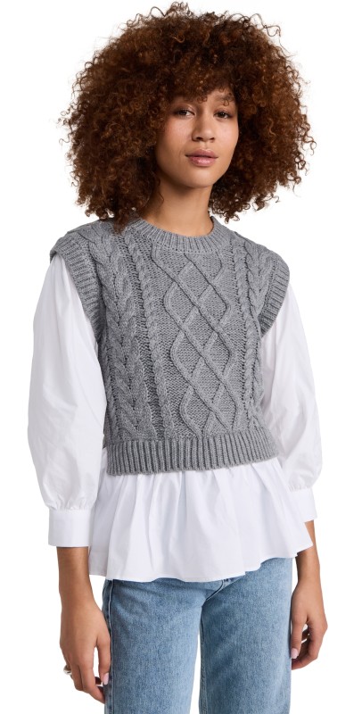English Factory Mixed Media Cable Detail Sweater Heather Gray/White