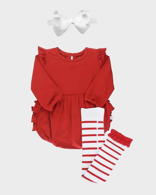 Girl's Ruffle Bubble Romper w/ Striped Tights & Bow Headband