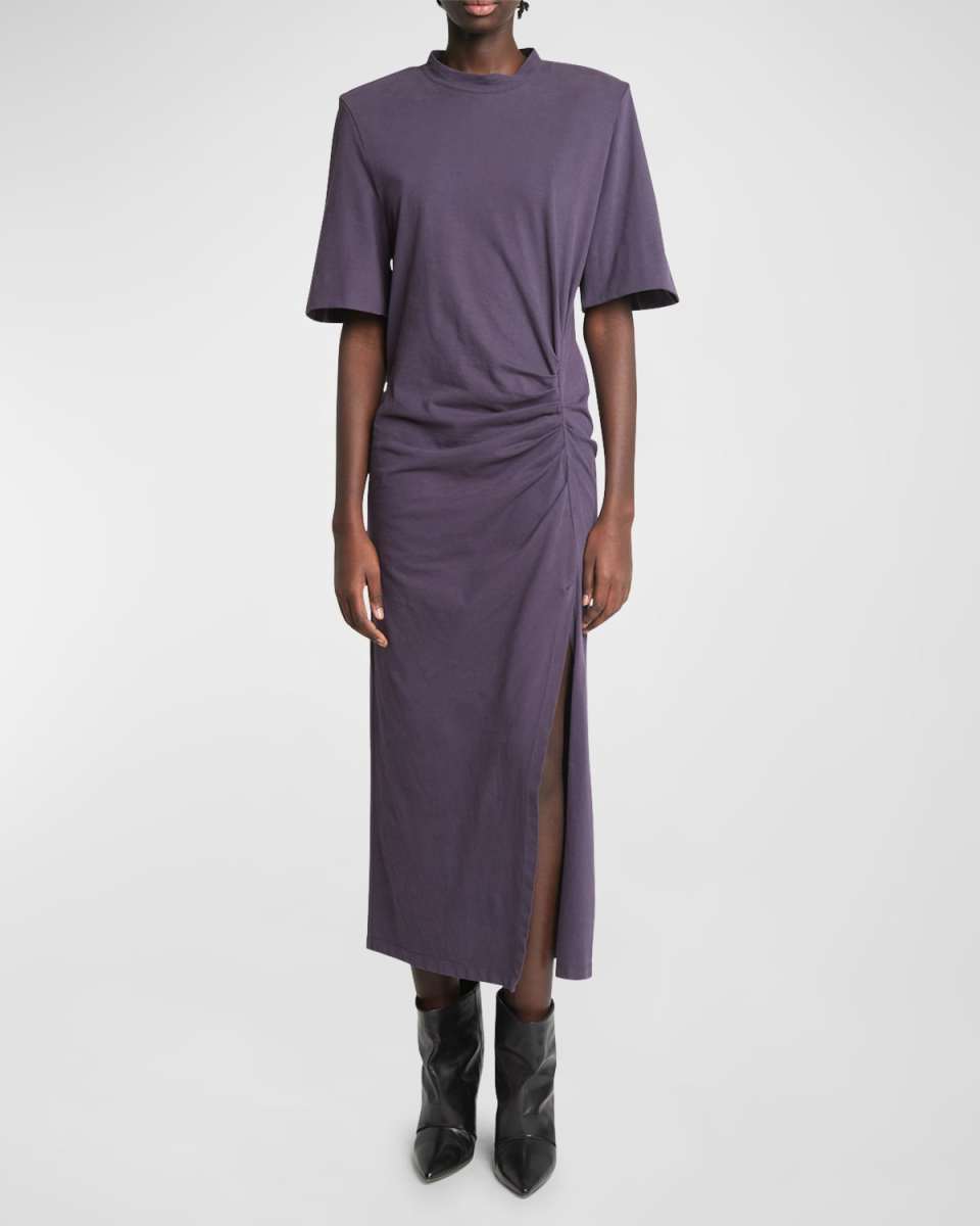 Lexia Strong-Shoulder Ruched Midi T-Shirt Dress