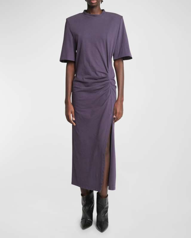 Lexia Strong-Shoulder Ruched Midi T-Shirt Dress