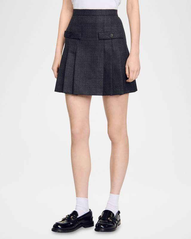 Felicite Prince of Wales Pleated Wool Mini Skirt