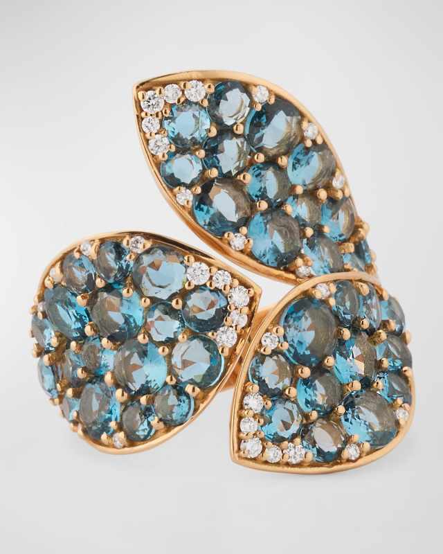 Giardini Segreti 18k Rose Gold Blue Topaz 3-Leaf Ring with Diamonds, Size 11