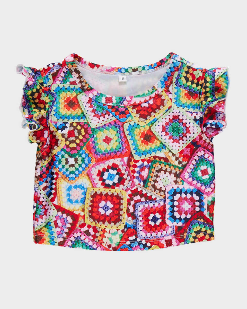 Girl's Granny Squares Ruffle-Sleeve Crop Top, Size 2T-12