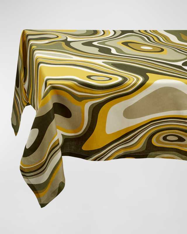 Waves Green Linen Sateen Tablecloth, 90" x 70"