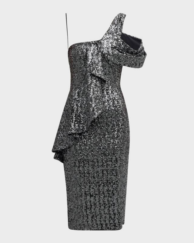 One-Shoulder Ruffle Sequin Midi Dress