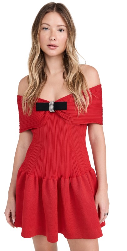 Self Portrait Red Knit Bow Mini Dress Red
