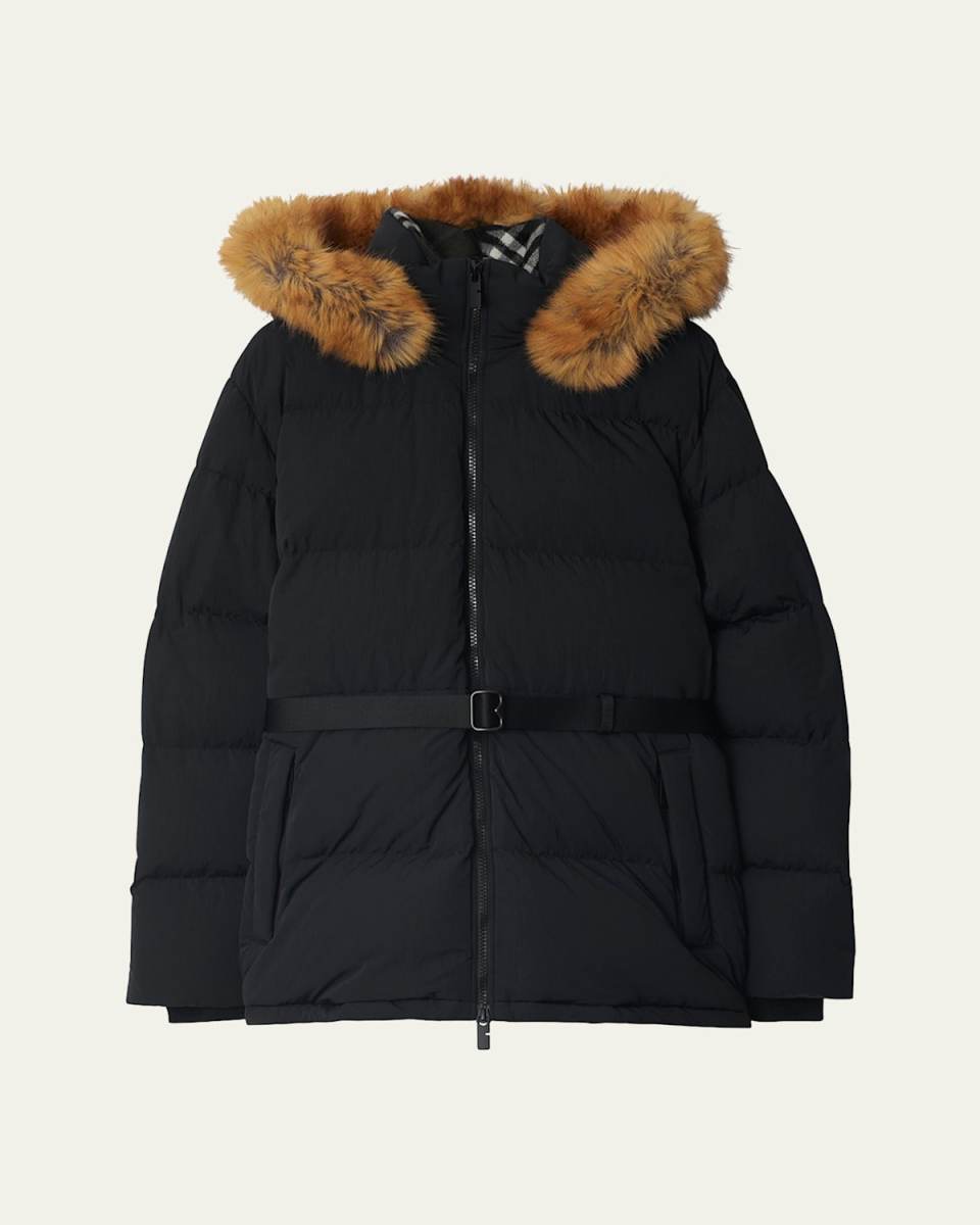 Belted Short Down Jacket With Detachable Hoo