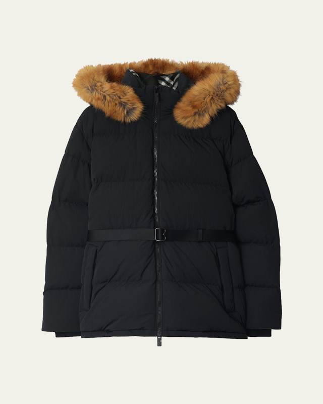 Belted Short Down Jacket With Detachable Hoo