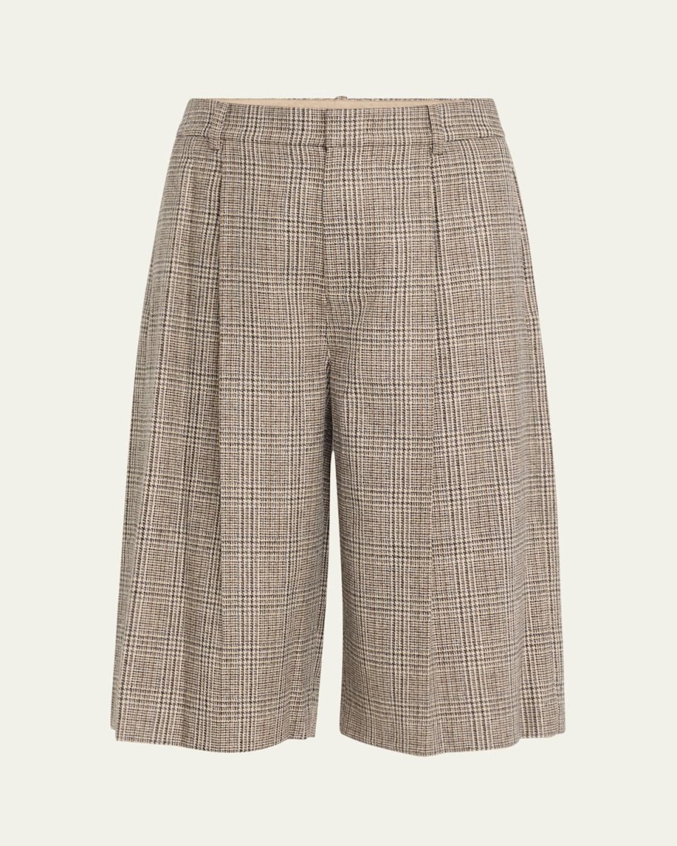 Wide-Leg Wool-Blend Plaid Shorts