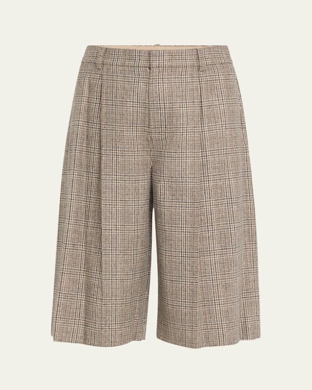 Wide-Leg Wool-Blend Plaid Shorts