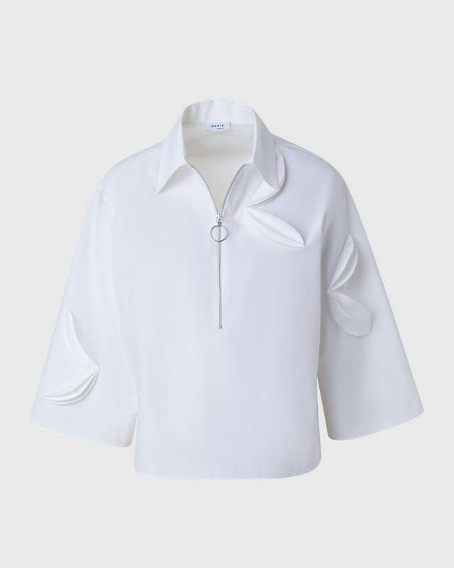 Bird-Applique Cotton-Gabardine Quarter-Zip Kimono Blouse