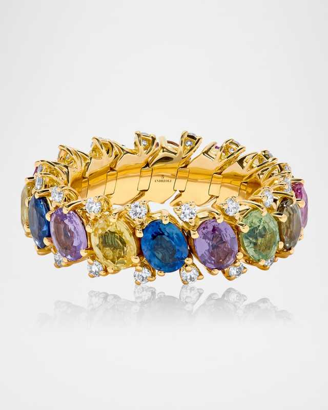 18K Yellow Gold Stretchy Diamond and Mixed Sapphire Ring, Size 7