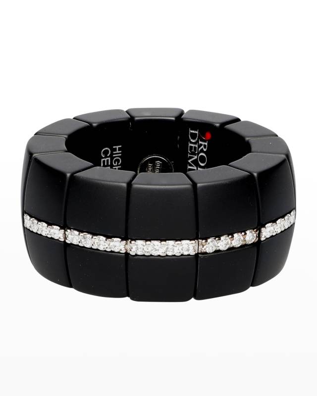 Black Ceramic Stretch Ring w/ Diamond Pave, Size 5
