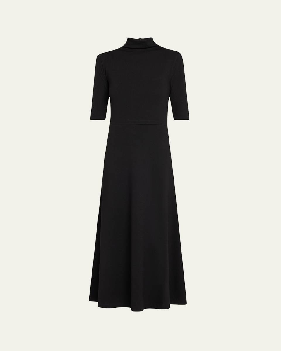 Elbow-Sleeve Turtleneck Midi Dress